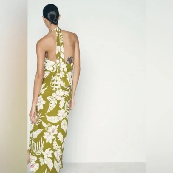 Zara Olive Green Floral Tie Halter Dress size Large - Picture 2 of 8